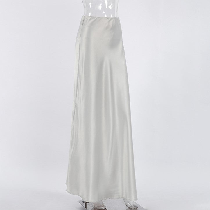 Satin Fishtail Hem Maxi Skirt - Grey