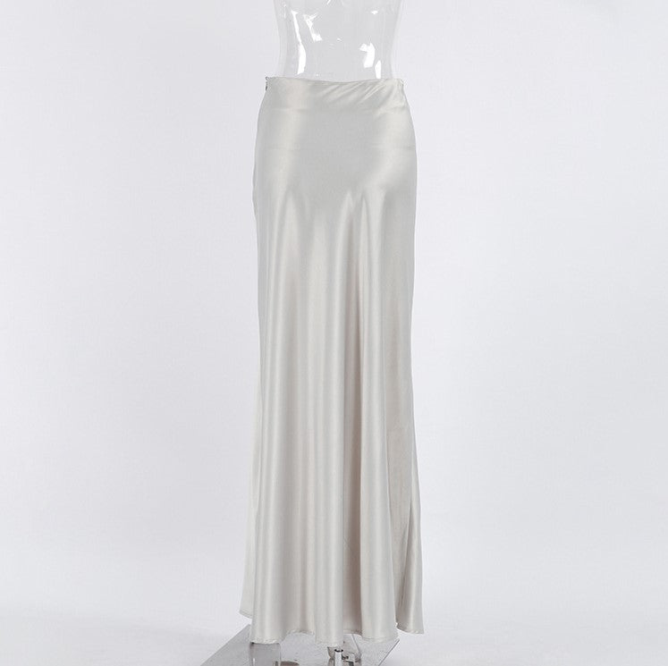 Satin Fishtail Hem Maxi Skirt - Grey - 1