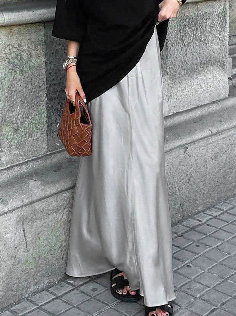 Satin Fishtail Hem Maxi Skirt - Grey - 10