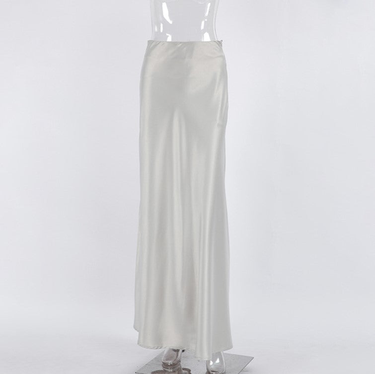Satin Fishtail Hem Maxi Skirt - Grey - 2