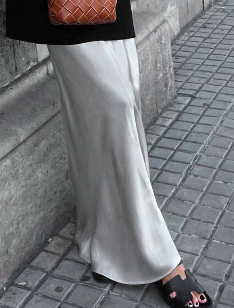 Satin Fishtail Hem Maxi Skirt - Grey - 9