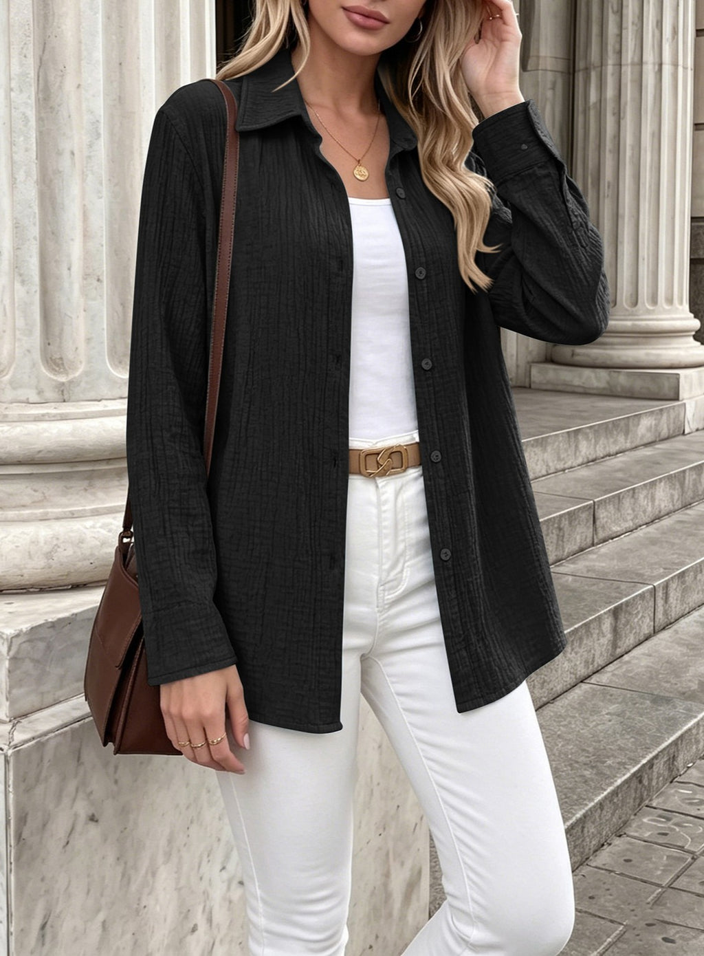 Oversized Crinkle Texture Button Down Shirt - Black