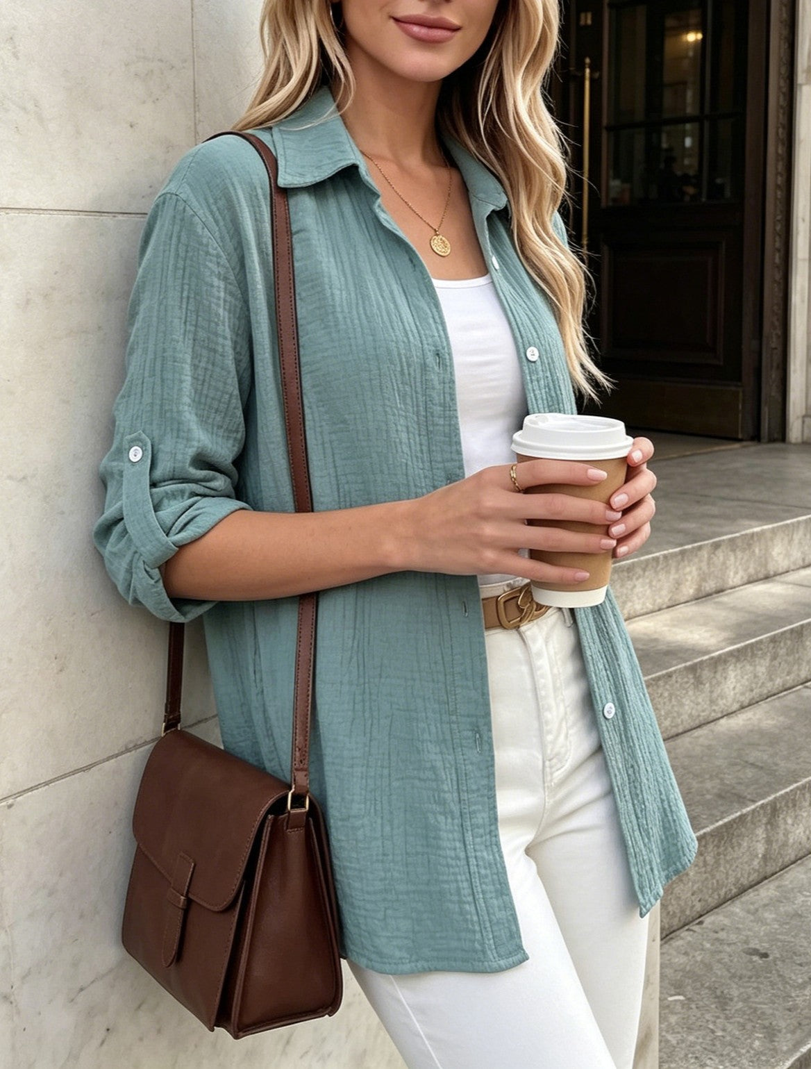 Oversized Crinkle Texture Button Down Shirt - LakeBlue