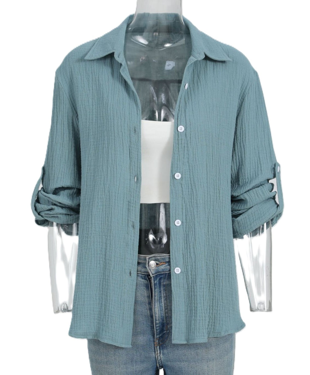 Oversized Crinkle Texture Button Down Shirt - LakeBlue - 1