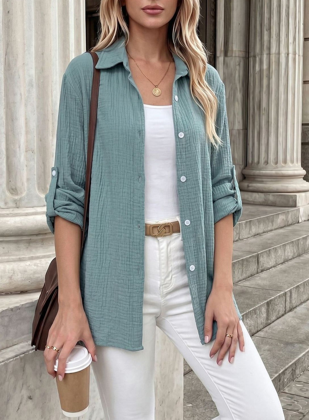 Oversized Crinkle Texture Button Down Shirt - LakeBlue - 2
