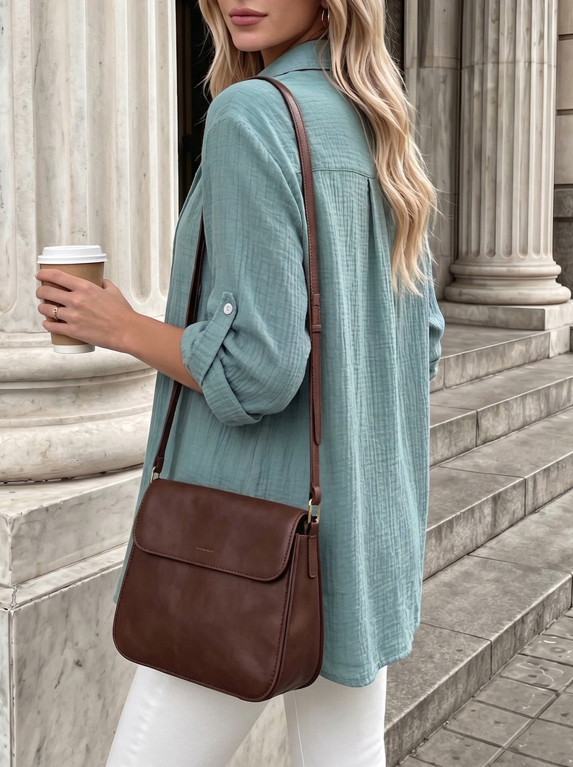 Oversized Crinkle Texture Button Down Shirt - LakeBlue - 3