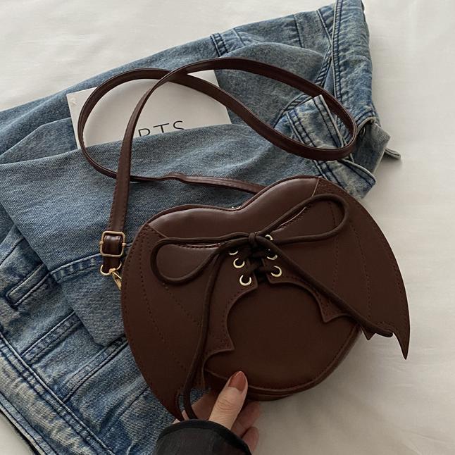 Lace Up Heart Crossbody Bag With Bat Wings - Coffee - 2