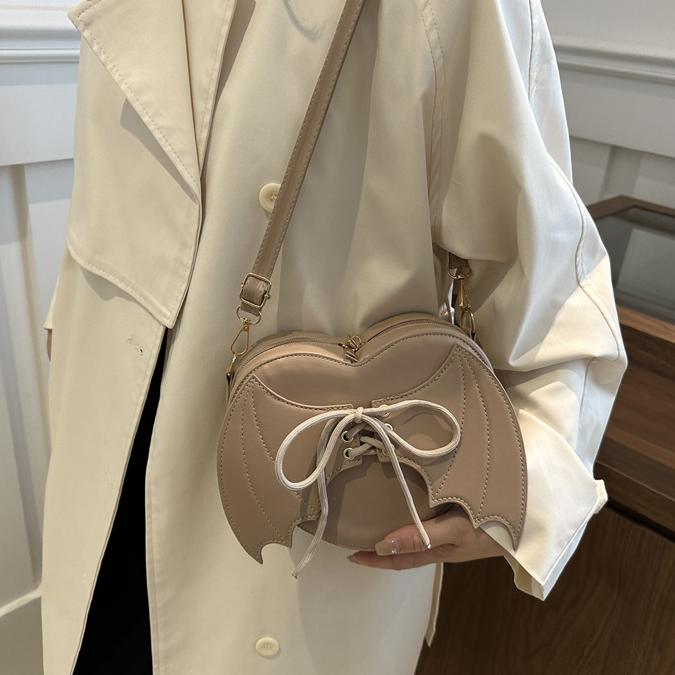 Lace Up Heart Crossbody Bag With Bat Wings - Khaki