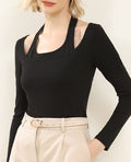 Halter Neck Off Shoulder Layered Knit Top - Black
