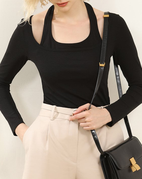 Halter Neck Off Shoulder Layered Knit Top - Black - 1