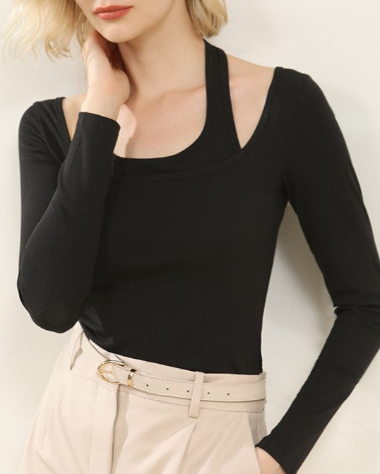 Halter Neck Off Shoulder Layered Knit Top - Black - 2