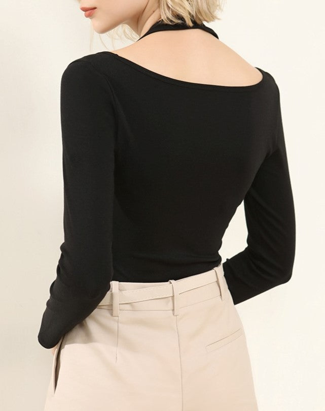 Halter Neck Off Shoulder Layered Knit Top - Black - 4