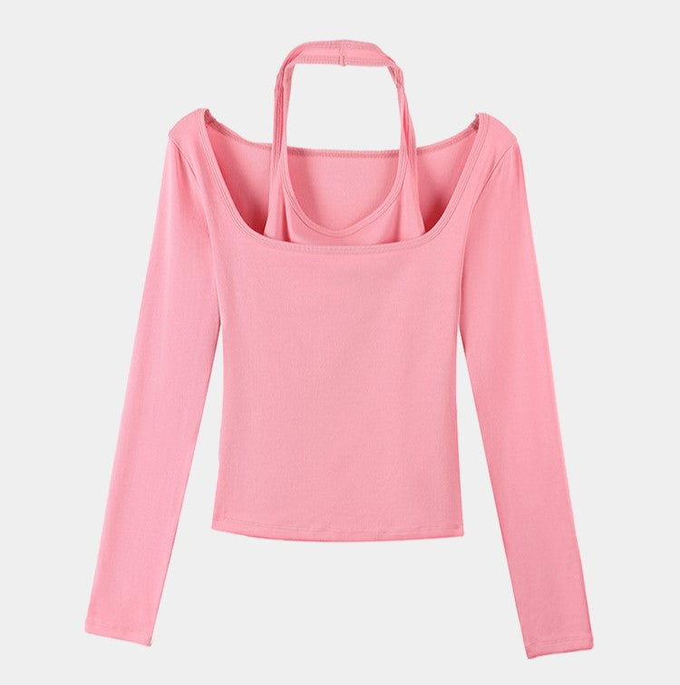 Halter Neck Off Shoulder Layered Knit Top - Pink