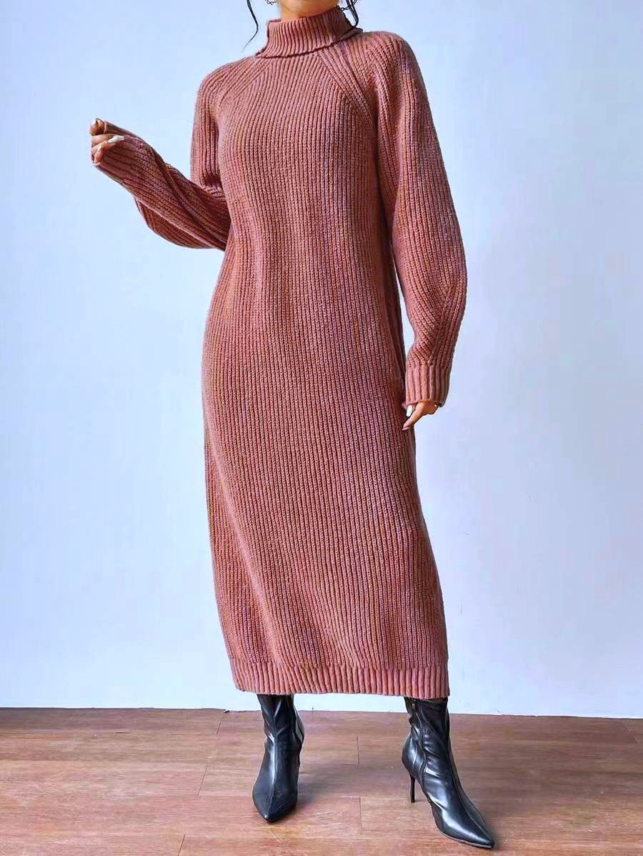 Turtleneck Ribbed Knit Maxi Sweater Dress - Camel