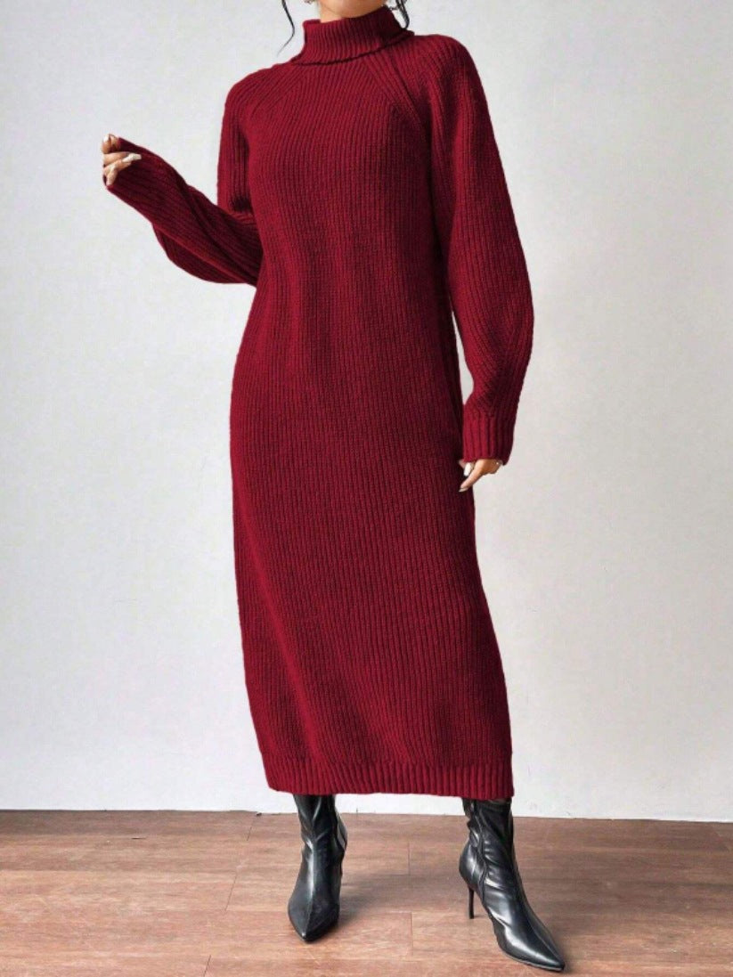 Turtleneck Ribbed Knit Maxi Sweater Dress - Winered