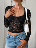 Sheer Floral Lace Tie Front Top - Black
