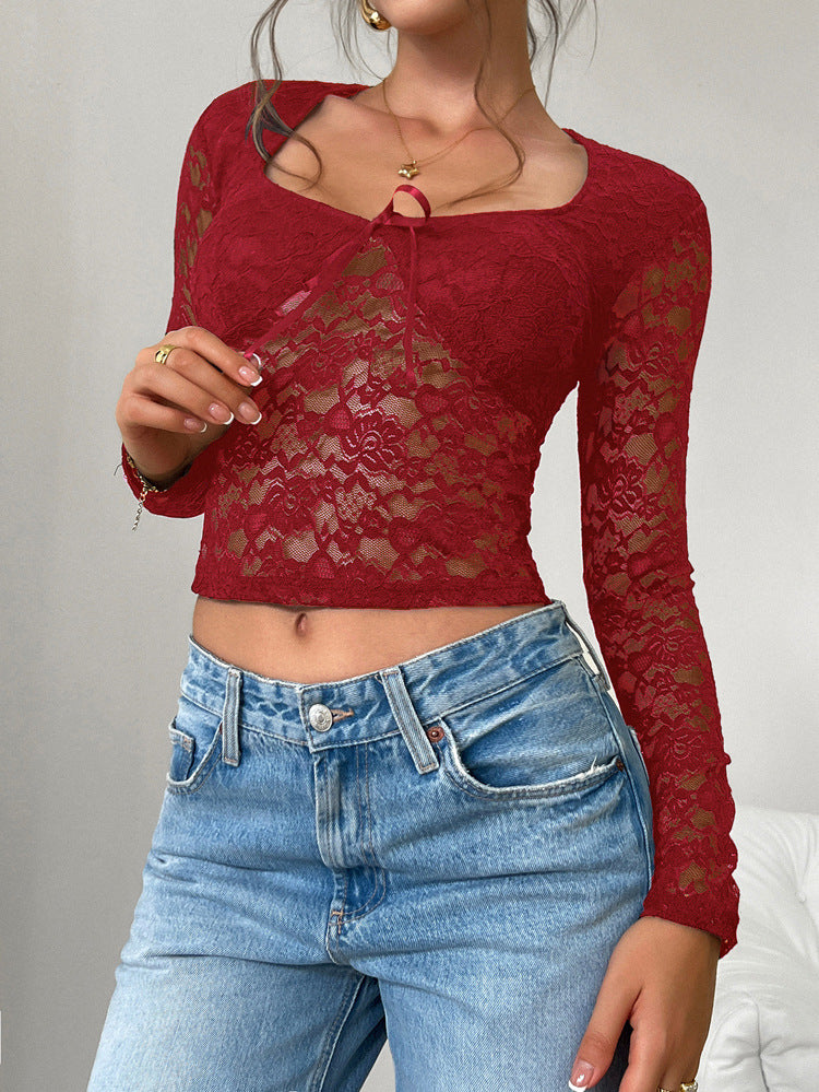 Sheer Floral Lace Tie Front Top - Burgundy - 1