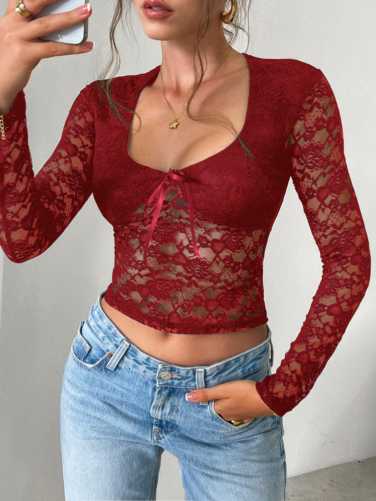 Sheer Floral Lace Tie Front Top - Burgundy - 3