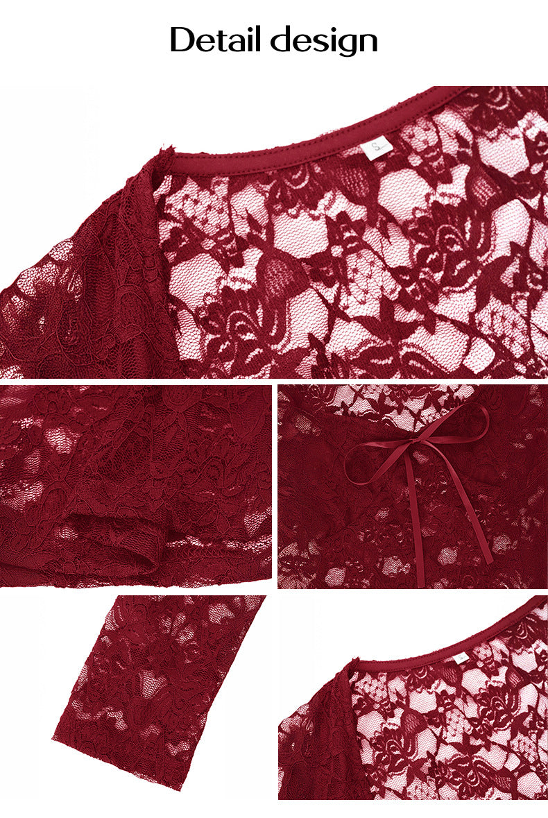 Sheer Floral Lace Tie Front Top - Burgundy - 5