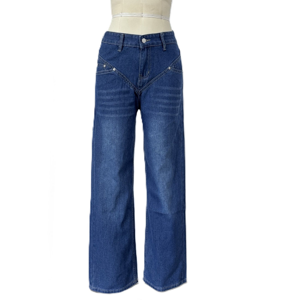 Patchwork Seam Wide Leg Cropped Jeans - Blue
