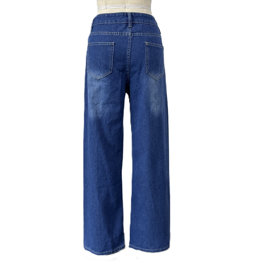 Patchwork Seam Wide Leg Cropped Jeans - Blue - 2