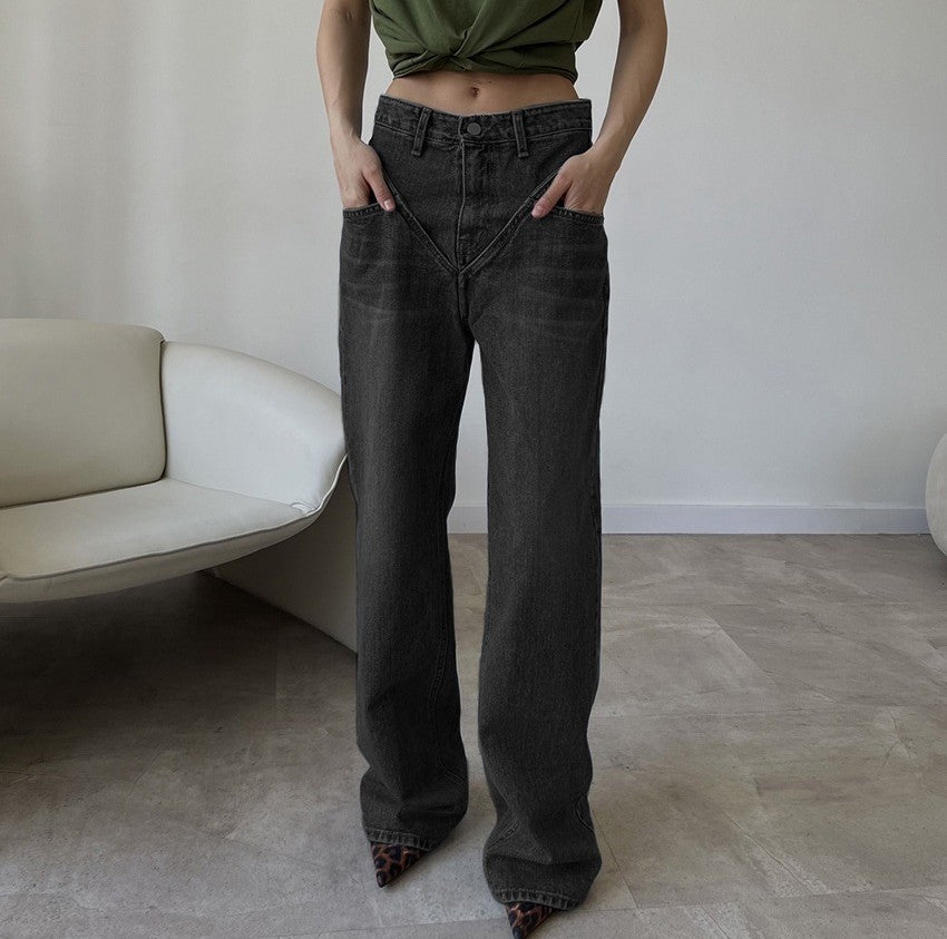 Patchwork Seam Wide Leg Cropped Jeans - Darkgrey