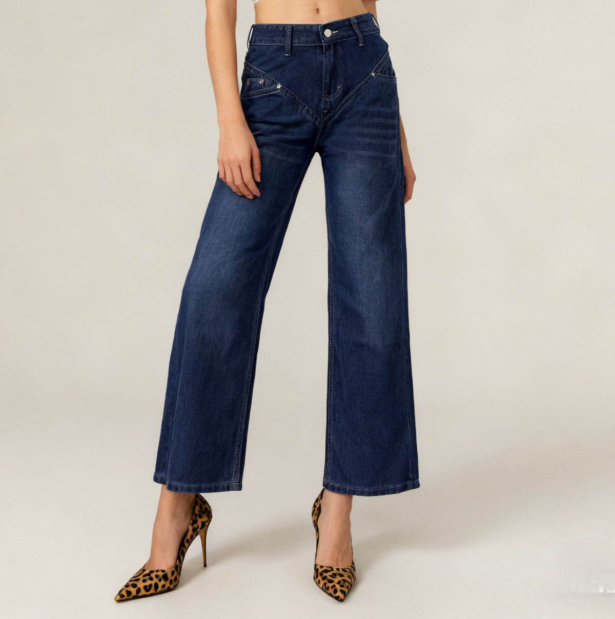 Patchwork Seam Wide Leg Cropped Jeans