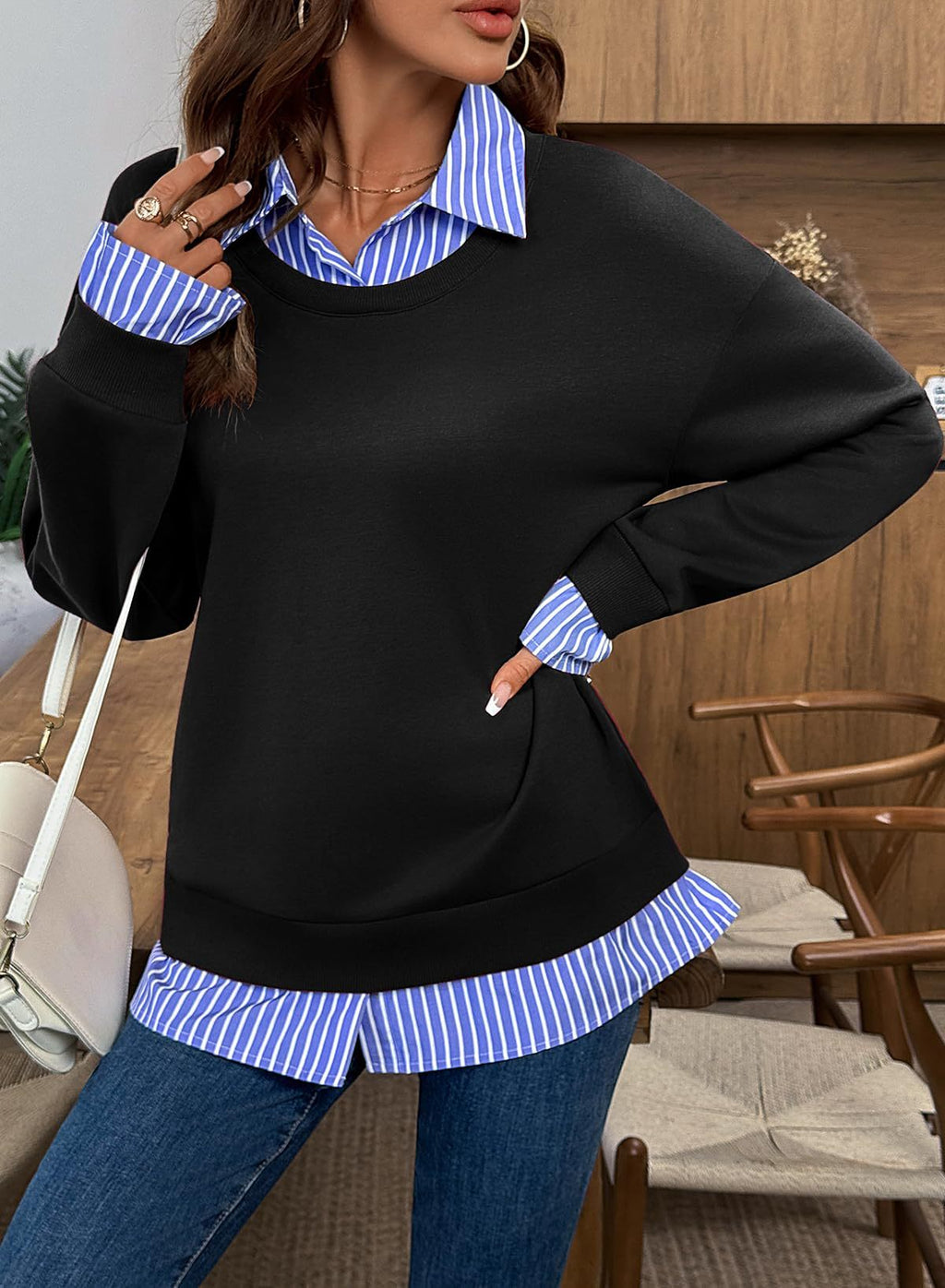 Faux Two Piece Shirt Collar Sweatshirt - Black