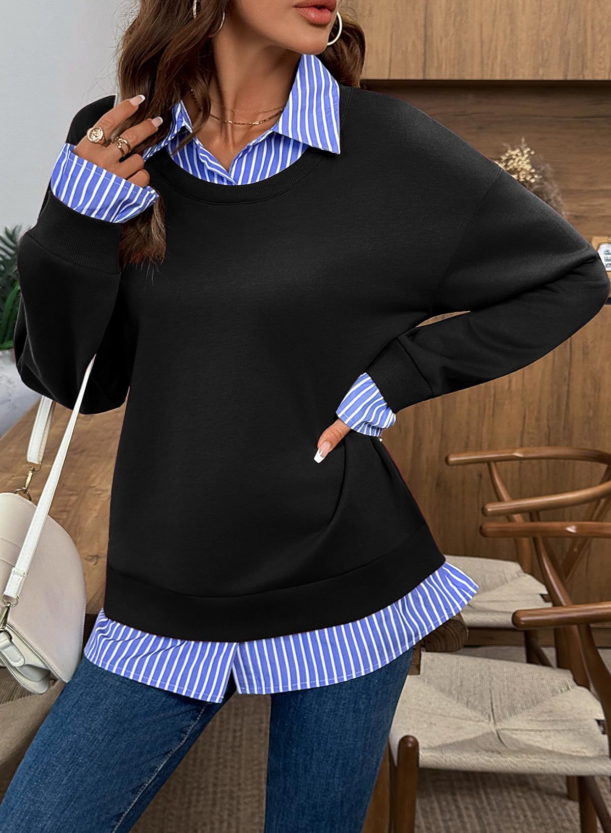 Faux Two Piece Shirt Collar Sweatshirt - Black