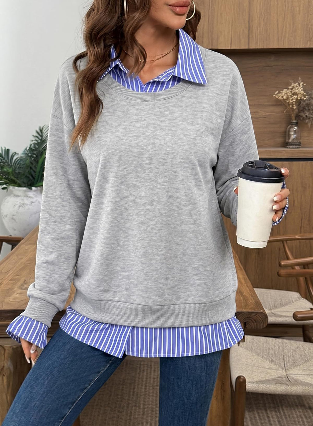 Faux Two Piece Shirt Collar Sweatshirt - Grey