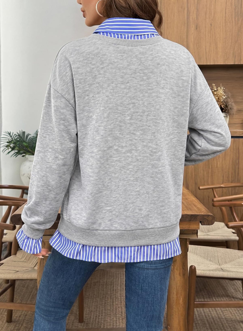 Faux Two Piece Shirt Collar Sweatshirt - Grey - 1