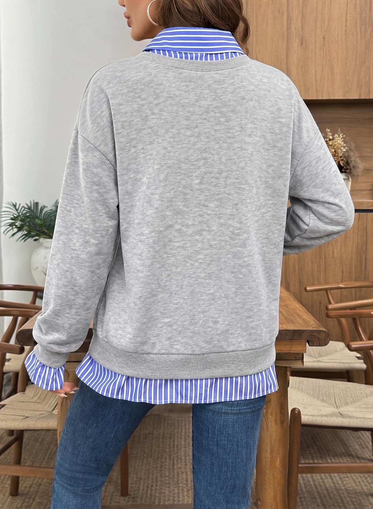 Faux Two Piece Shirt Collar Sweatshirt - Grey - 1