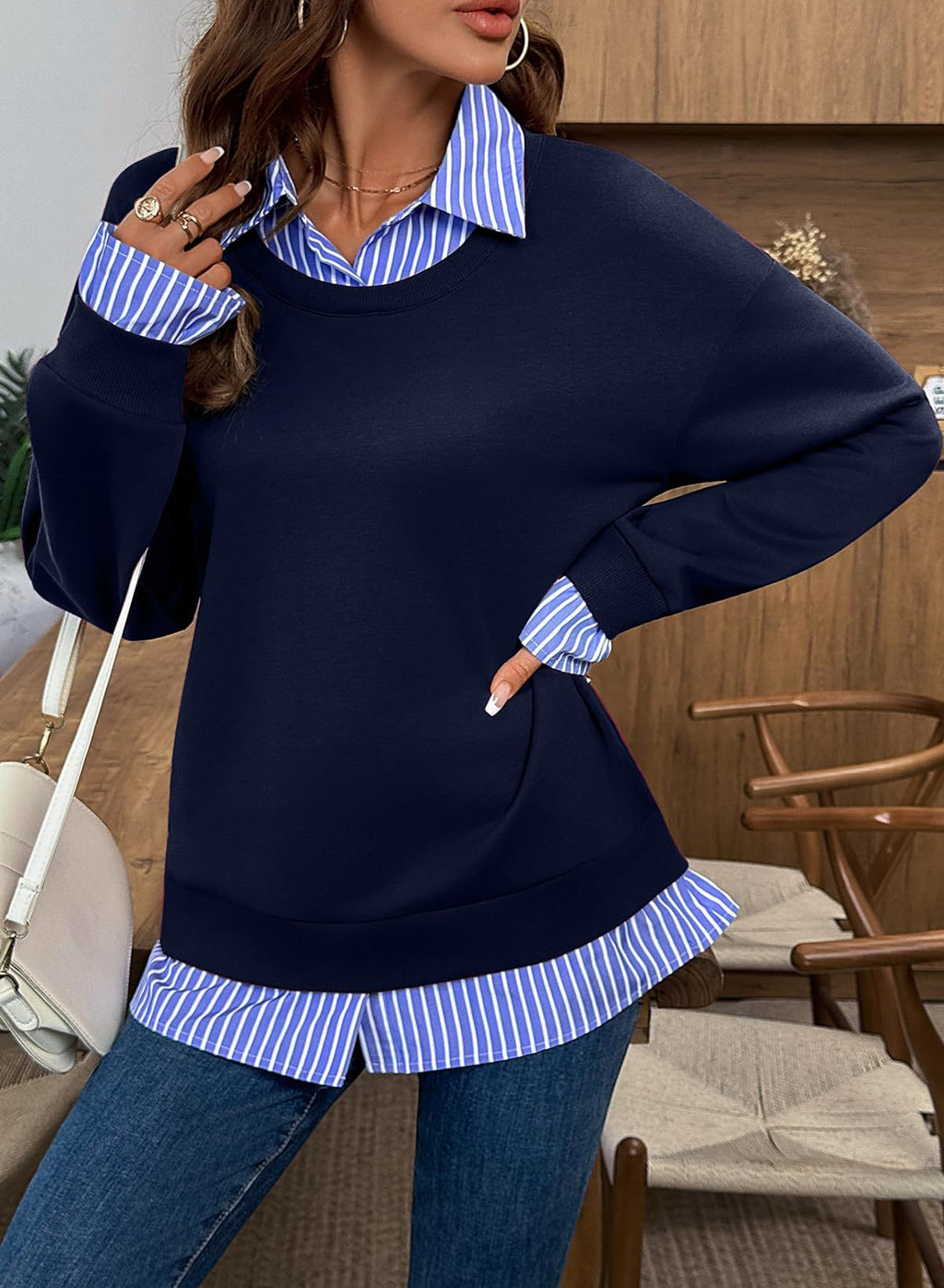 Faux Two Piece Shirt Collar Sweatshirt - Navyblue