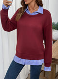 Faux Two Piece Shirt Collar Sweatshirt - WineRed