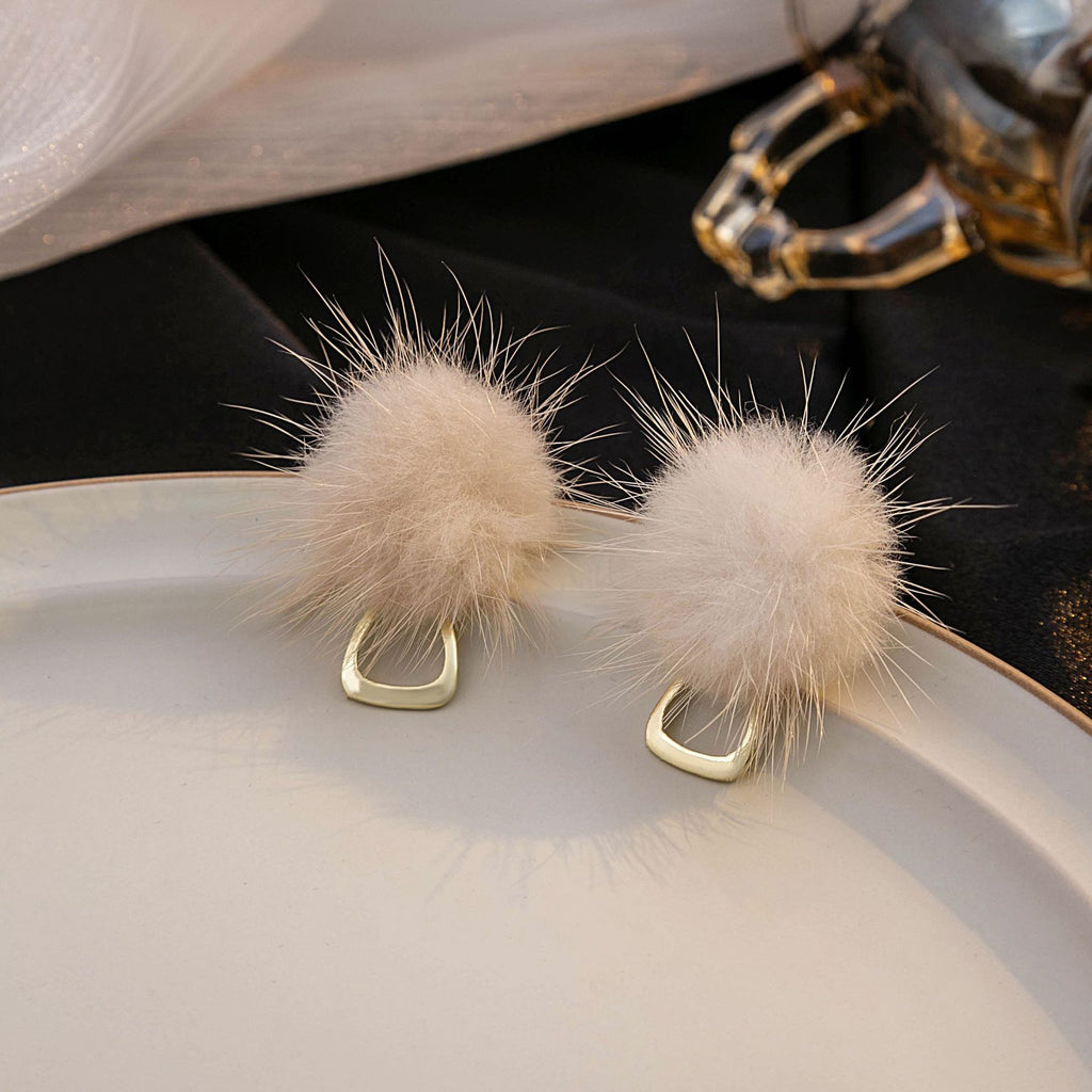 Fluffy Pom Geometric Loop Stud Earrings - White - 1
