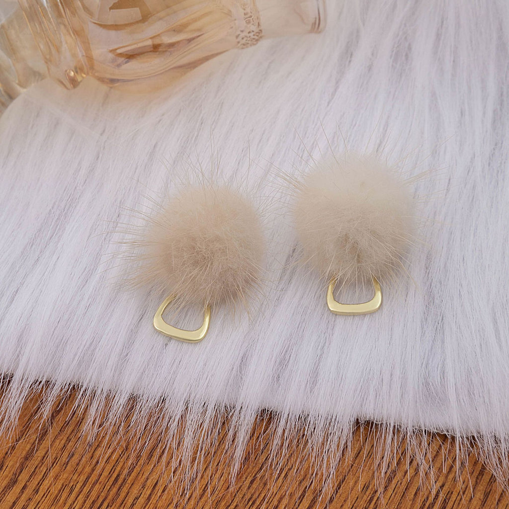 Fluffy Pom Geometric Loop Stud Earrings - White - 3