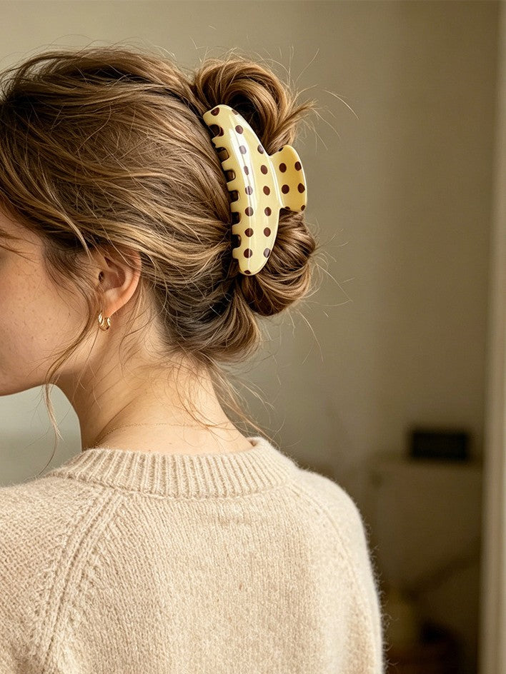 Retro Polka Dot Half-Moon Hair Claw Clip - Yellow - 1