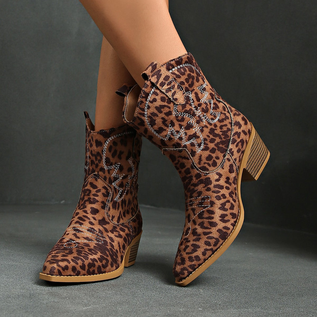Embroidered Faux Suede Western Ankle Boots - Leopard