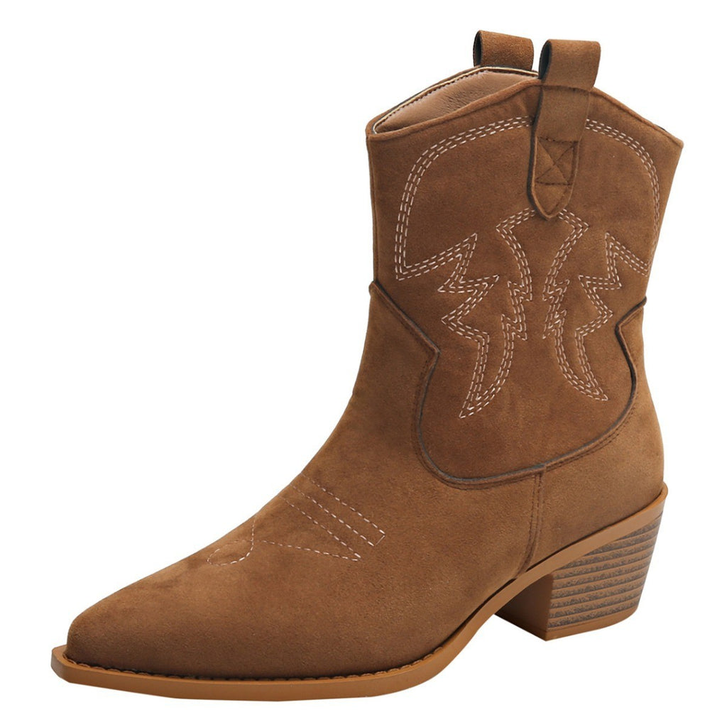 Embroidered Faux Suede Western Ankle Boots