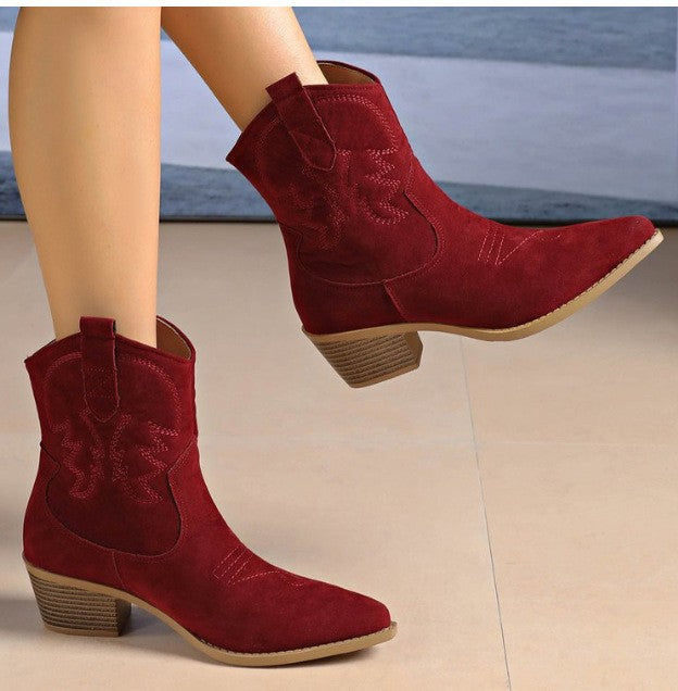 Embroidered Faux Suede Western Ankle Boots