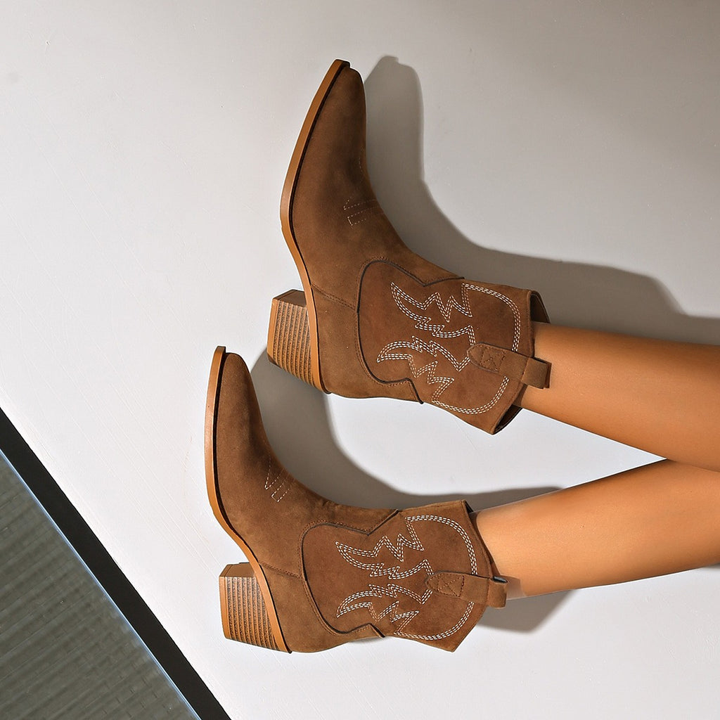 Embroidered Faux Suede Western Ankle Boots