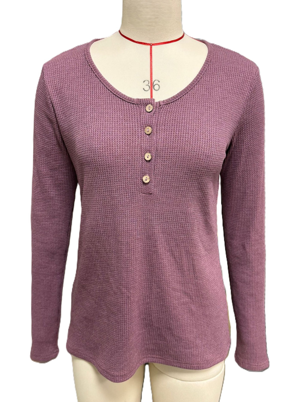 Waffle Knit Henley Long Sleeve Tee - BrickRed