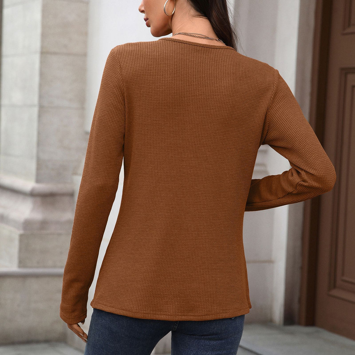 Waffle Knit Henley Long Sleeve Tee - Caramel - 1
