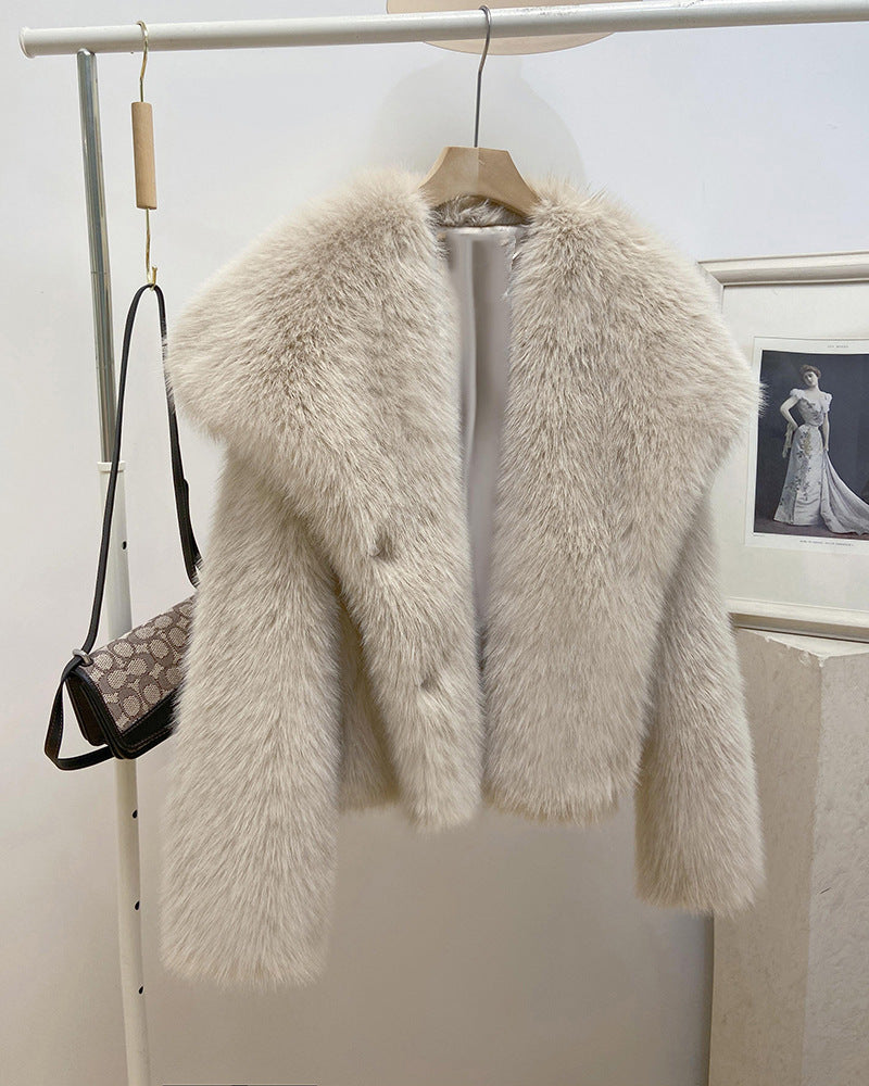 Wide Collar Cropped Faux Fur Coat - Beige