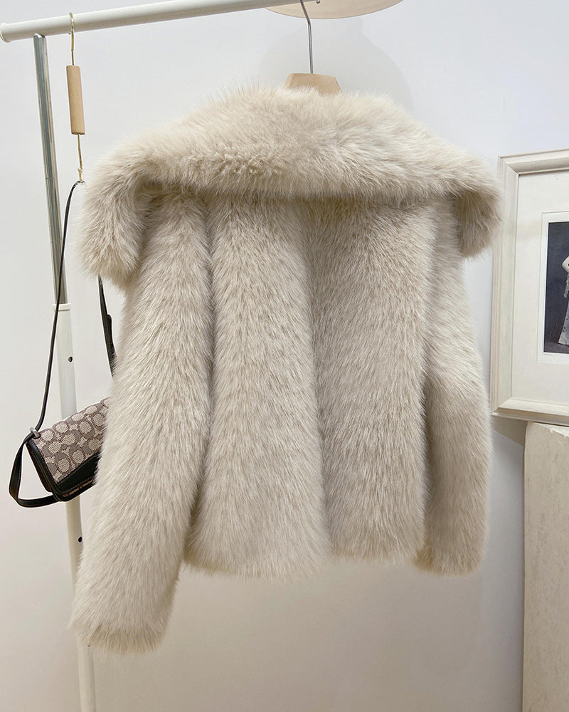 Wide Collar Cropped Faux Fur Coat - Beige - 1