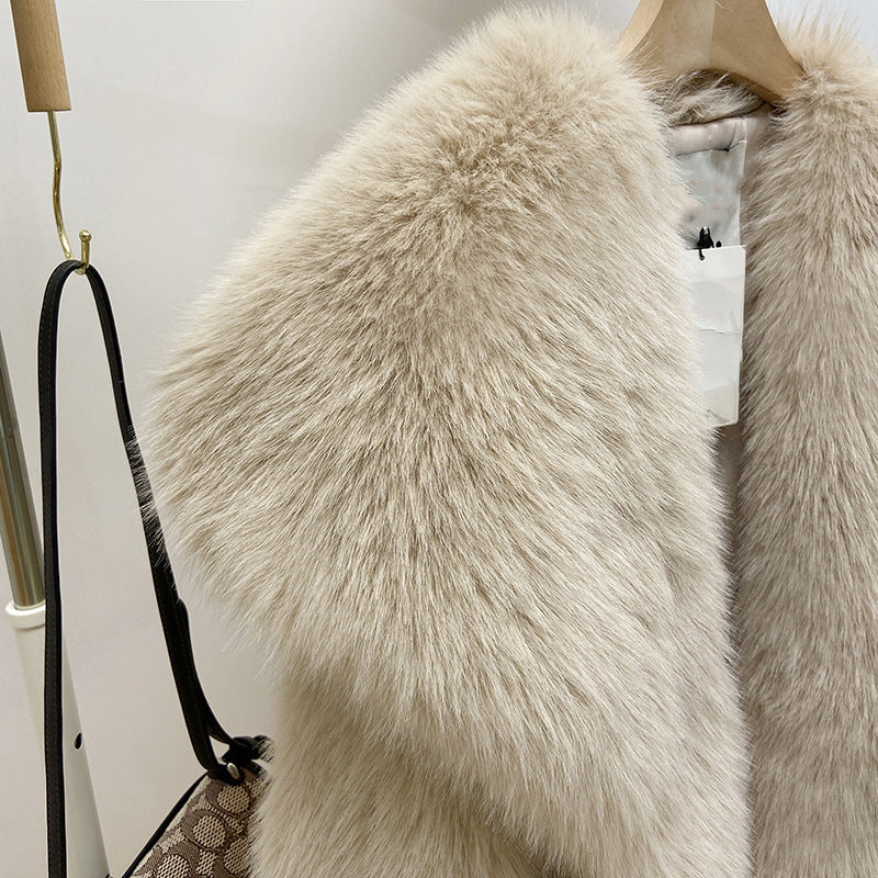 Wide Collar Cropped Faux Fur Coat - Beige - 2
