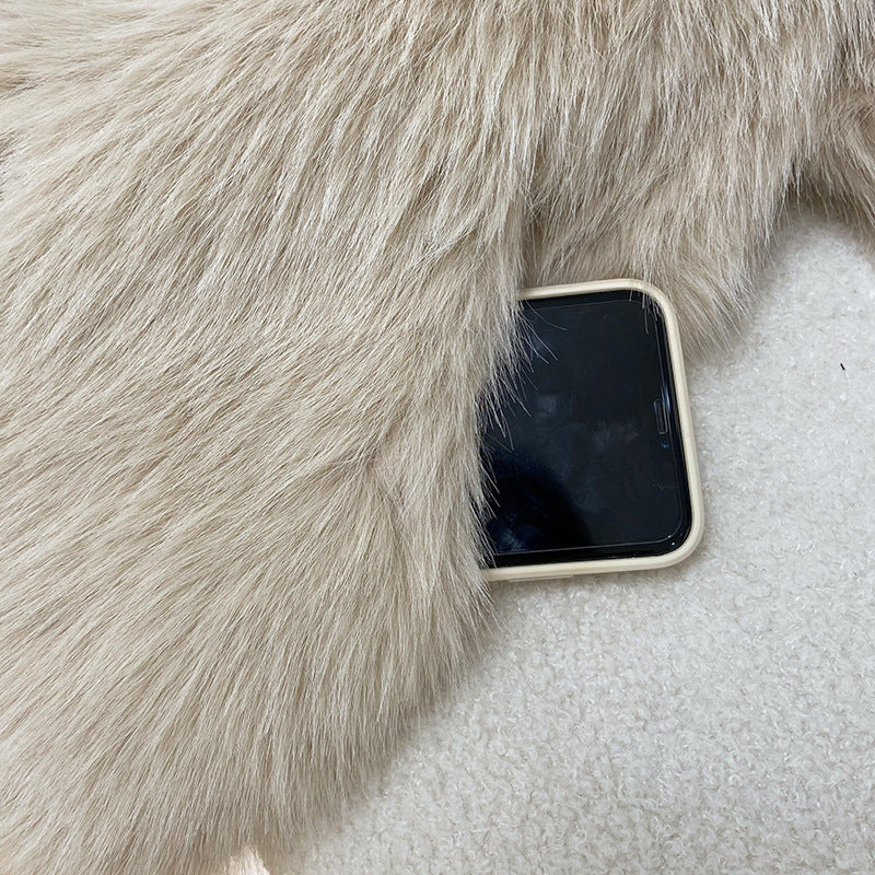 Wide Collar Cropped Faux Fur Coat - Beige - 3