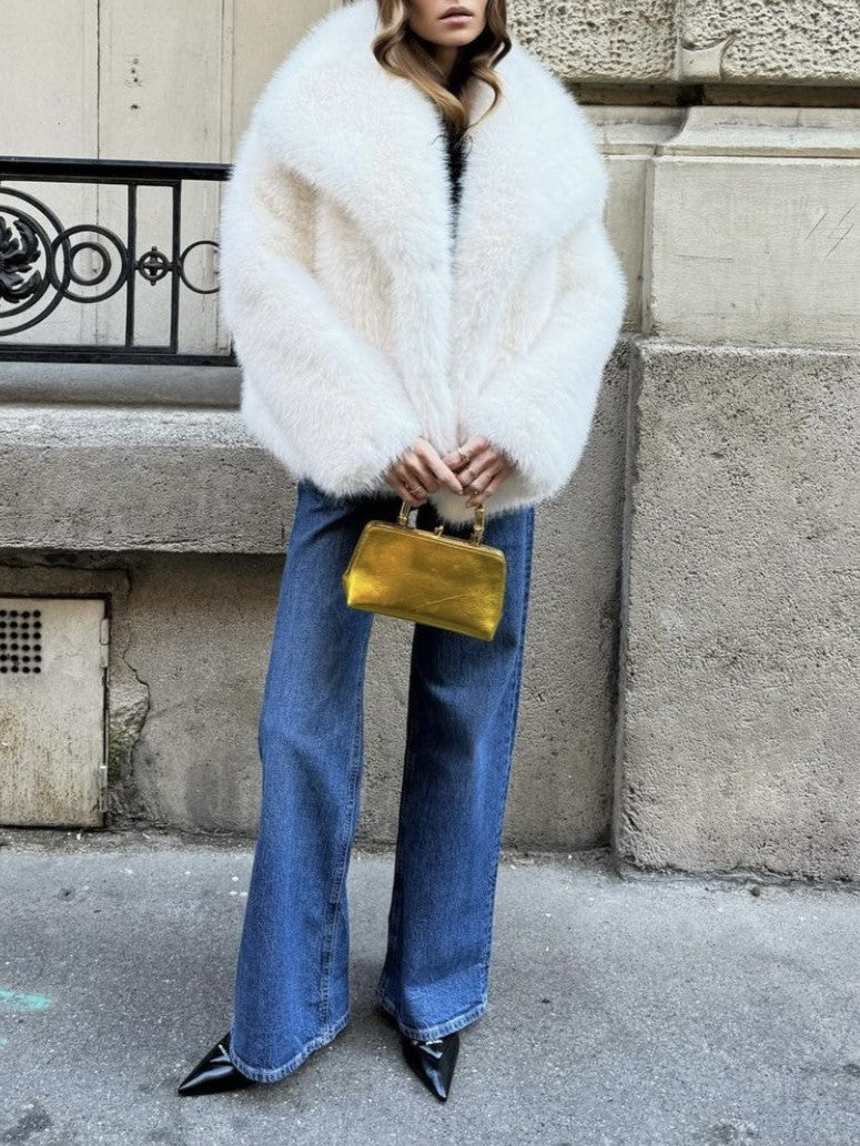 Wide Collar Cropped Faux Fur Coat - White - 1