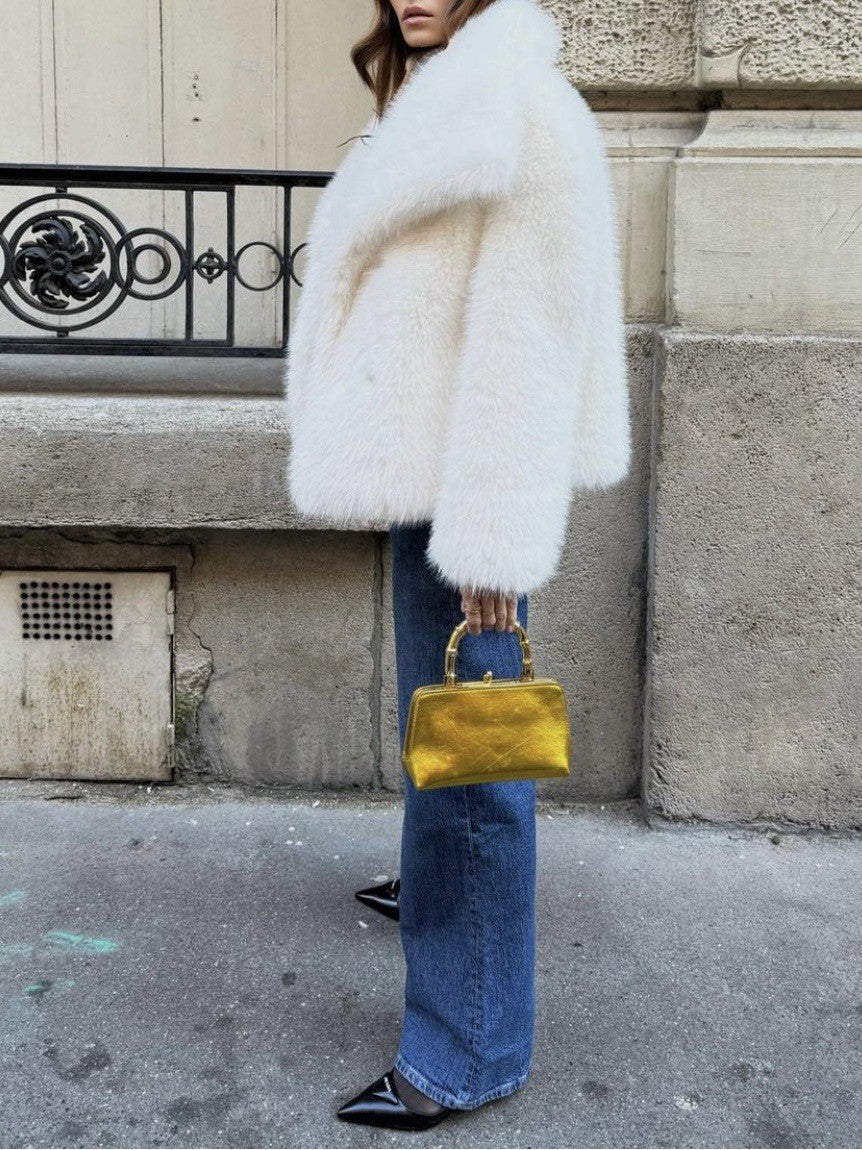Wide Collar Cropped Faux Fur Coat - White - 4