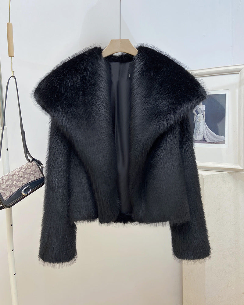 Wide Collar Cropped Faux Fur Coat - black